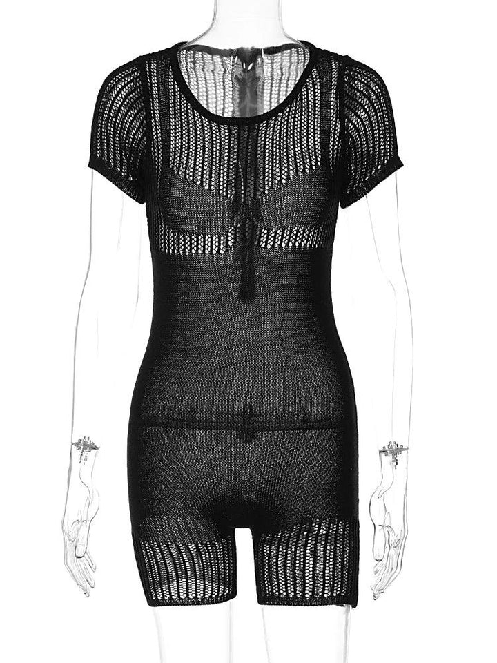 Hugcitar Solid Knitted Short Sleeve Zip Up Sexy Bodycon Skinny One Piece Playsuit 2023 Summer Fashion Streetwear Sport Romper-THAT FASHION STORE