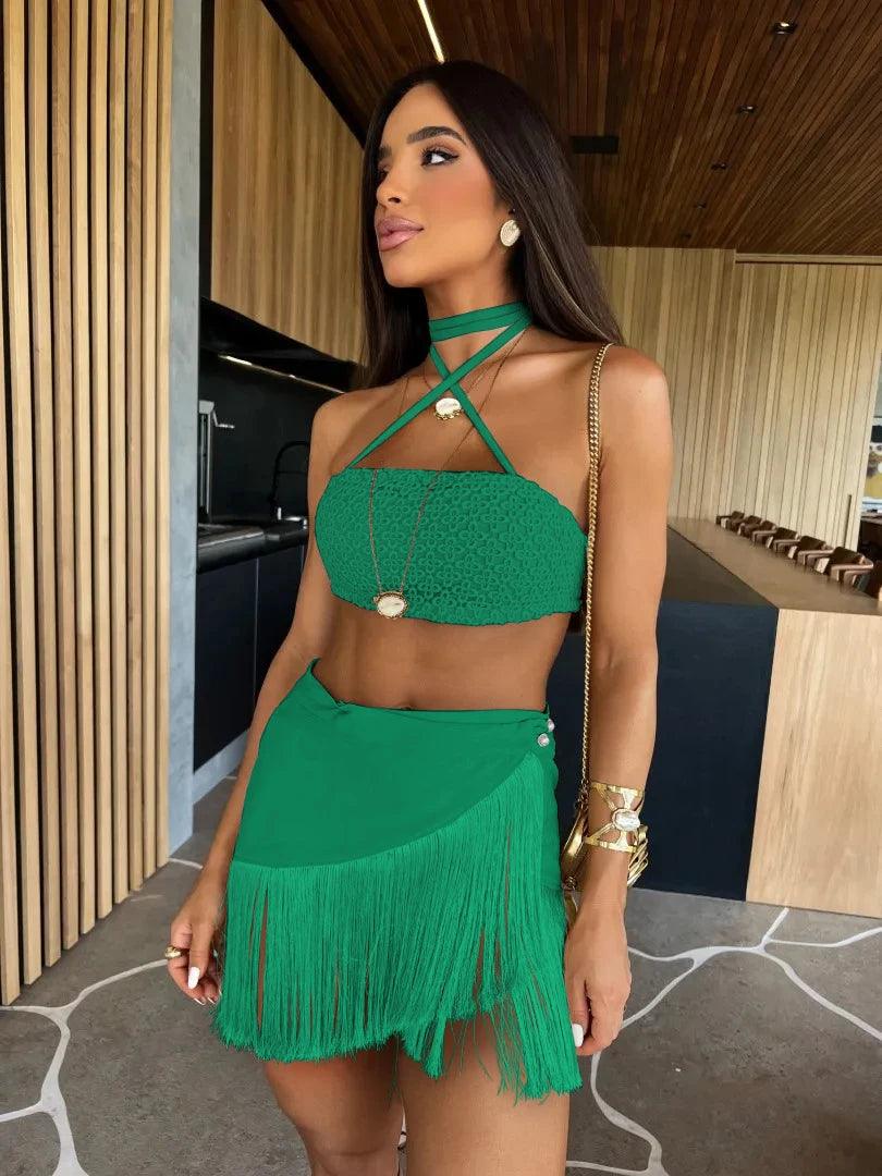 2024 Sexy Tassel Women Two Piece Skirt Halter Lace Bra Tassel Mini Skirt Suit Beach Vacation Casual Female Bathing Suit Summer-THAT FASHION STORE