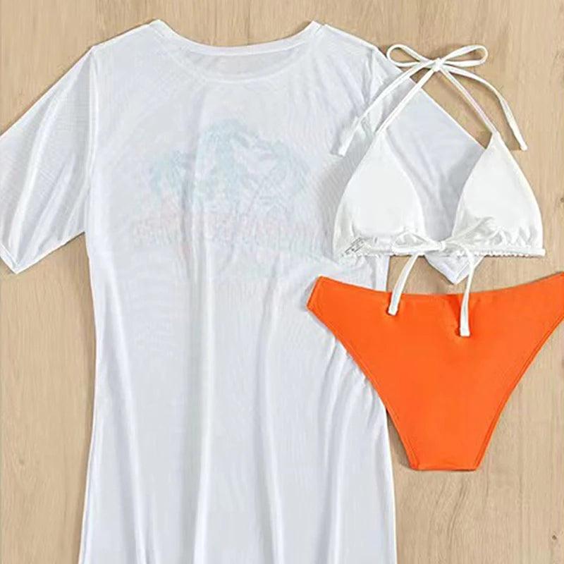 Sexy Swimsuit 3 Pieces Women Bikini+Transparent T-Shirt Cover-Up Halter Bandage Biquini Swimwear Push Up Bathing Suits Beachwear-THAT FASHION STORE