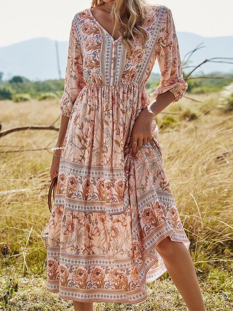 Summer Boho Long Dresses Women Fashion Print V Neck Half Sleeve Cotton Dress Elegant Casual High Waist Beach Dresses Vestidos-THAT FASHION STORE