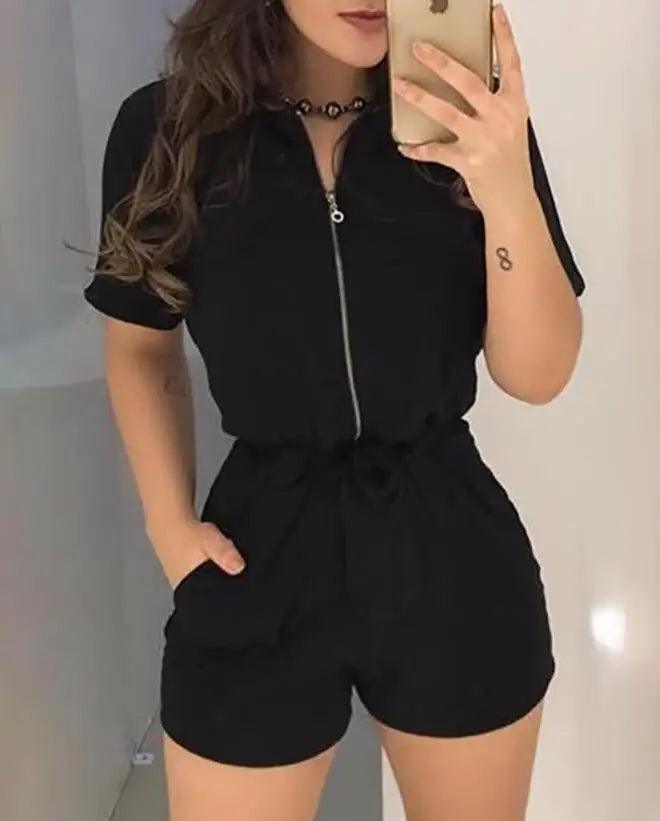 Jumpsuit Women 2023 Summer Fashion Short Sleeve Casual Turn-Down Collar Plain Zipper Pocket Design Daily Romper Y2K Streetwear-THAT FASHION STORE