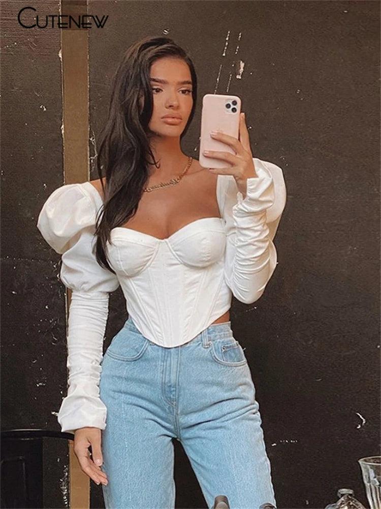 Cutenew Elegant Romantic Irregular Croped Corset Top Women Stylish Puff Sleeve Vacation Crop Top Skinny Casual Streetwear Female-THAT FASHION STORE