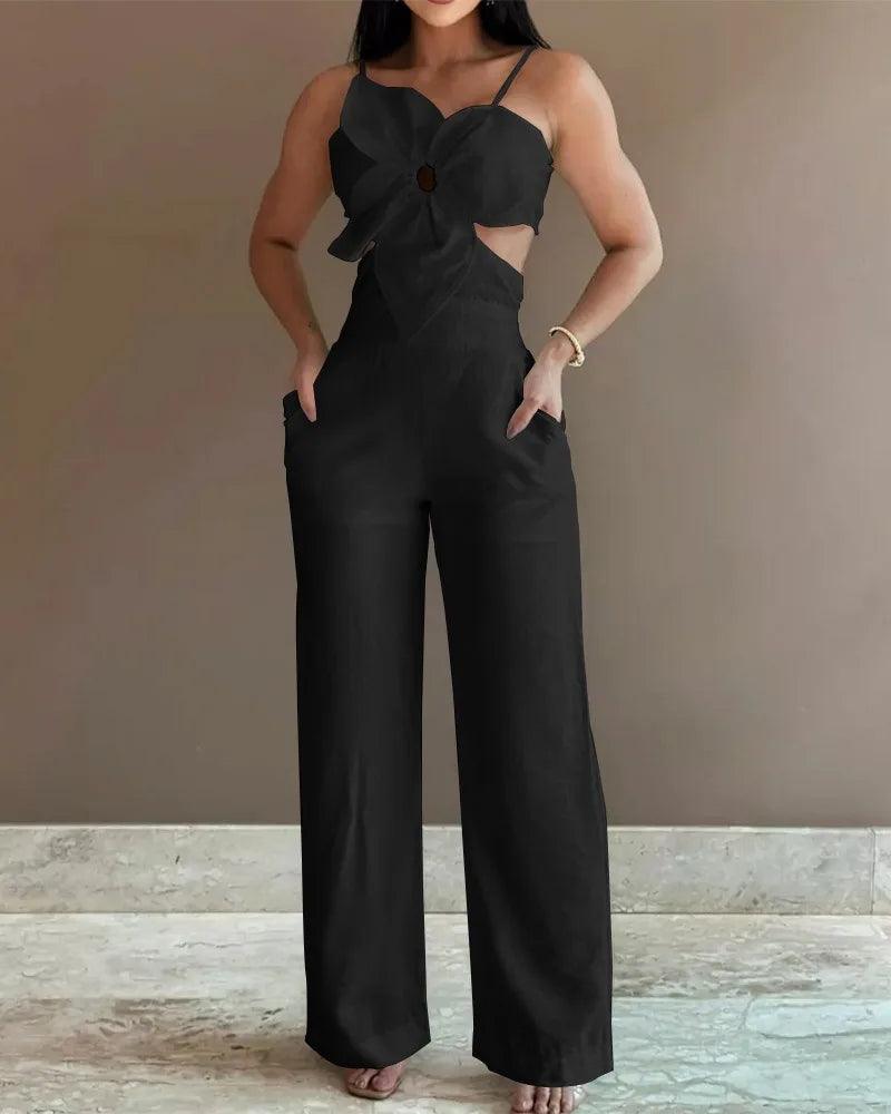 2024 Summer Fashion Jumpsuit Women Floral Pattern Shirred Hollow Out Casual Asymmetrical Neck Pocket Backless Jumpsuit-THAT FASHION STORE