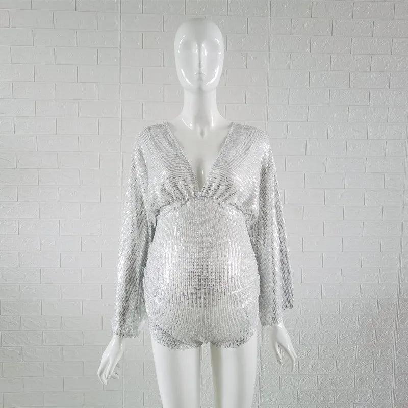 Luxurous Sequins Maternity Photography Bodysuits V-neck Boho Sequined Pregnancy Jumpsuits-THAT FASHION STORE