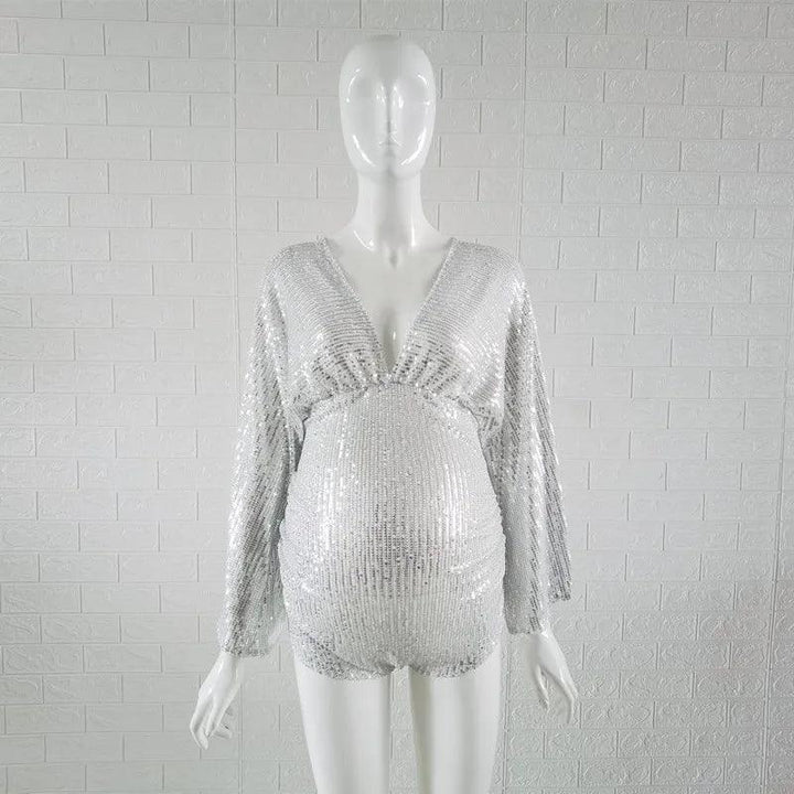 Luxurous Sequins Maternity Photography Bodysuits V-neck Boho Sequined Pregnancy Jumpsuits-THAT FASHION STORE