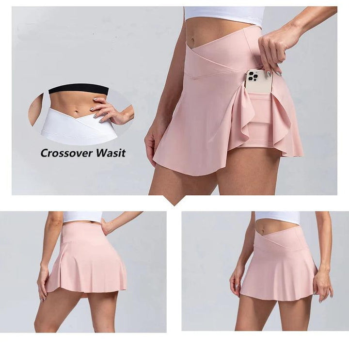 Women Pleated Tennis Skirt with Pockets Shorts Athletic Skirts Crossover High Waisted Athletic Golf Skorts Workout Sports Skirts-THAT FASHION STORE