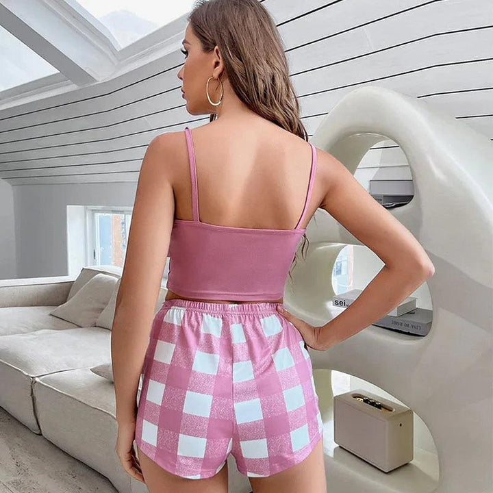 Button Women Pajama Set Sleeveless Scroop Neck Crop Top & Plaid Drawstring Shorts 2 Pieces Female Sleepwear Summer Nightwear-THAT FASHION STORE