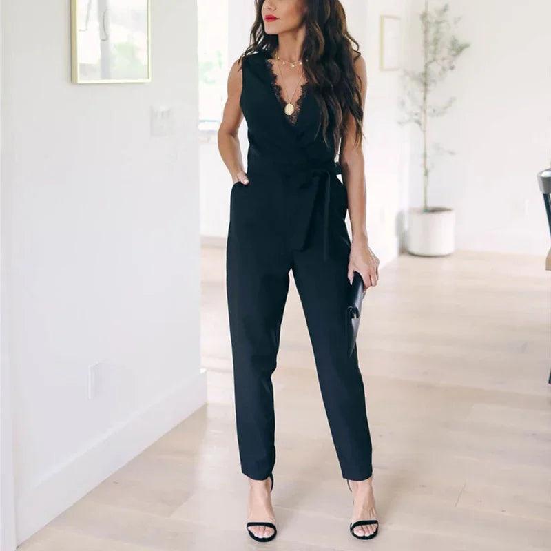 Customized Fashion Lace Women Jumpsuit With Belt Sleeveless Casual V-neck Solid Women Black Jumpsuits Fashion Female Pants-THAT FASHION STORE