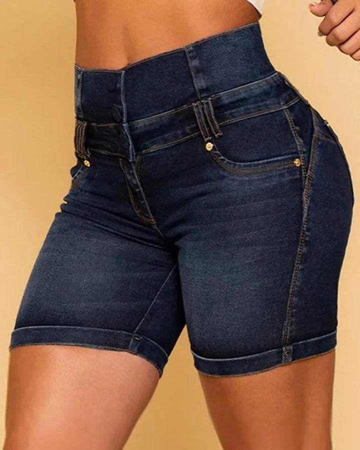 Classic Stretchy Washed Shorts Jeans 2023 Women Solid High Wasit Multi BreastedCasual Zipper Decoration Pocket Denim Shorts-THAT FASHION STORE