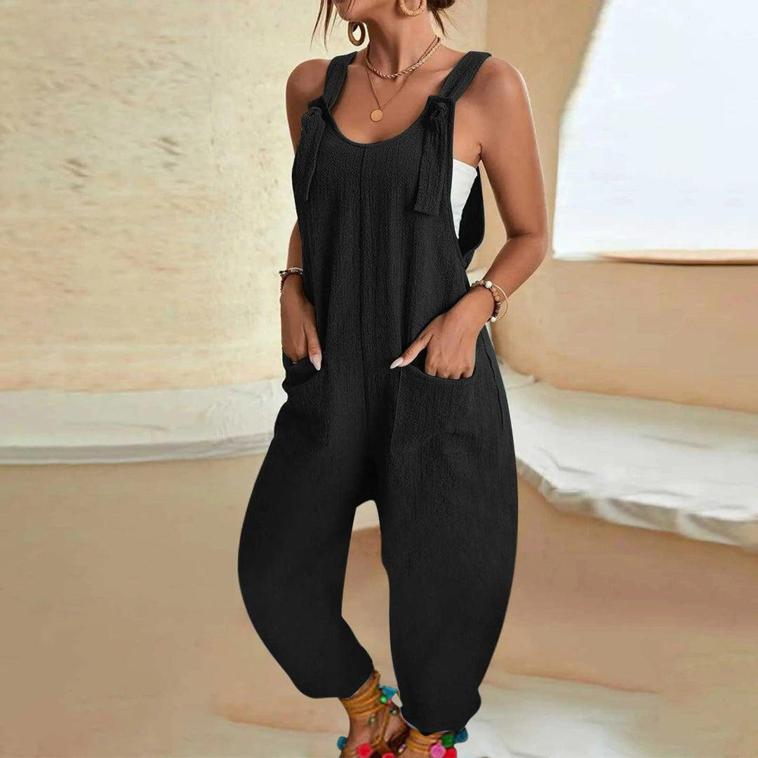 Women's Casual Summer Short Rompers Overalls 2024 Loose Sleeveless Tie Knot Strap Jumpsuits with Pockets Loose Casual Romper-THAT FASHION STORE