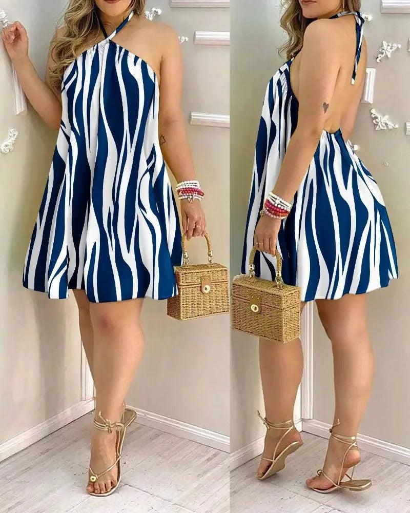 Tropical Print Halter Neck Dress, Vacation Style Backless Dress For Spring & Summer, Women's Clothing-THAT FASHION STORE