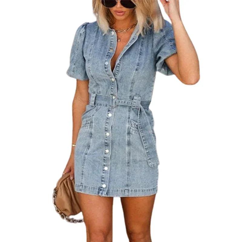 High Waist Lace-up Double Pocket Women Denim Dresses Lapel Single-breasted Cardigan Dress Female Trend Streetwear Commuter Gown-THAT FASHION STORE