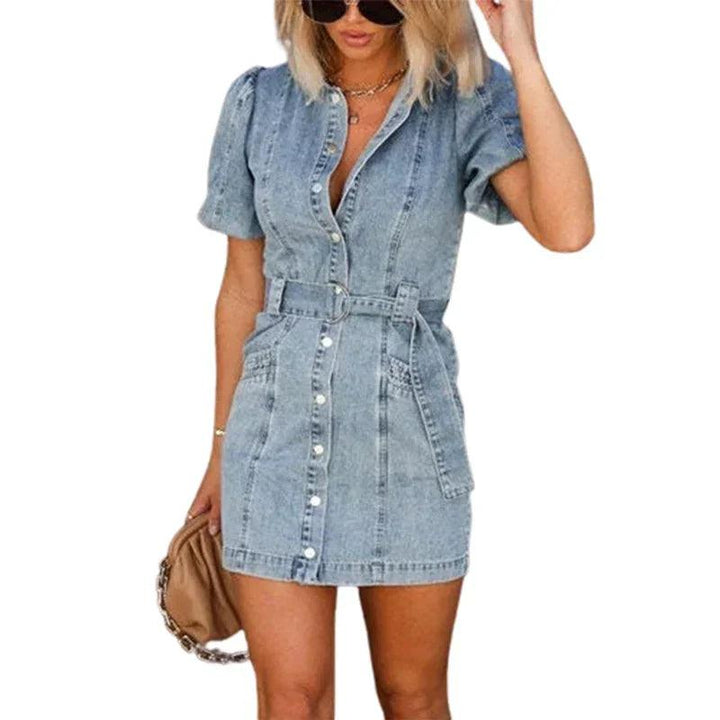 High Waist Lace-up Double Pocket Women Denim Dresses Lapel Single-breasted Cardigan Dress Female Trend Streetwear Commuter Gown-THAT FASHION STORE