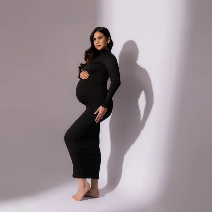 High Neck Full Sleeve Maternity Skinny Dress For Photography Pregnant Woman Stretchy Long Dress-THAT FASHION STORE