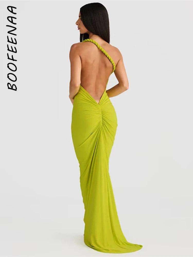 BOOFEENAA Twist Halter Neck Backless Long Dresses for Women Elegant Sexy Party Maxi Dress Purple Black Green Summer 2024 C83CB33-THAT FASHION STORE