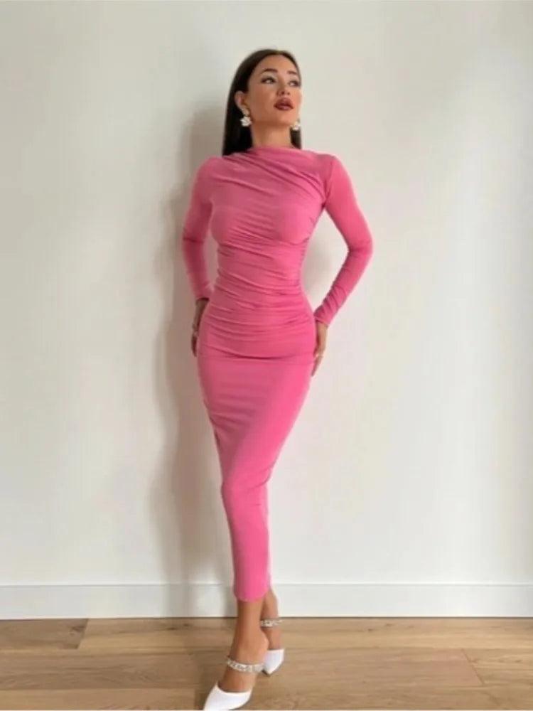 Y2k Solid Color Bodycon Party Long Dress Long Sleeve Package Hip Slim Folds Maxi Dresses For Women Elegant Vestidos Para Mujer-THAT FASHION STORE