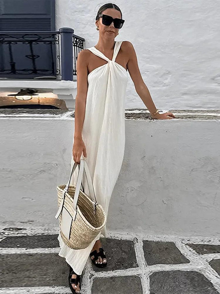 Sexy White Halter Pleated Strapless Maxi Dress Women Fashion Sleeveless Loose Dresses 2024 Ladies High Streetwear Vestidos-THAT FASHION STORE