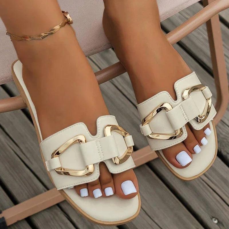 Women Metal Decor Single Band Flat Sandals Fashion Sexy Open Toe Outdoors Slides Luxurious Office Ladies Party Female Shoes-THAT FASHION STORE