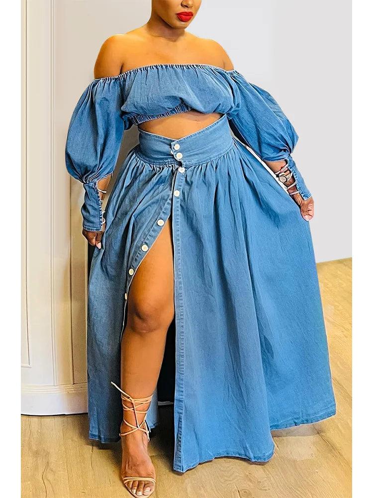 Plus Size Women's Casual Off The Shoulder Split Button Two Pieces Demin Skirt Set Lantern Sleeve Vintage Crop Top Matching Set-THAT FASHION STORE