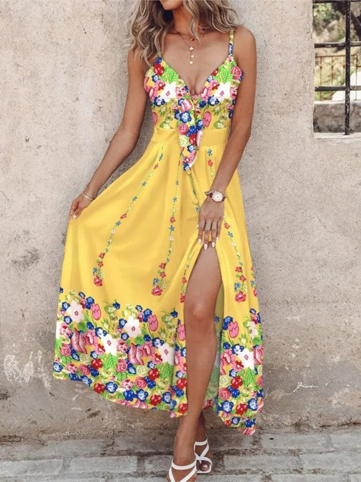 Summer Fashion Boho Floral Long Dress For Women 2024 Beach Style Sexy V Neck Spaghetti Strap Split Dresses Casual Holiday Dress-THAT FASHION STORE