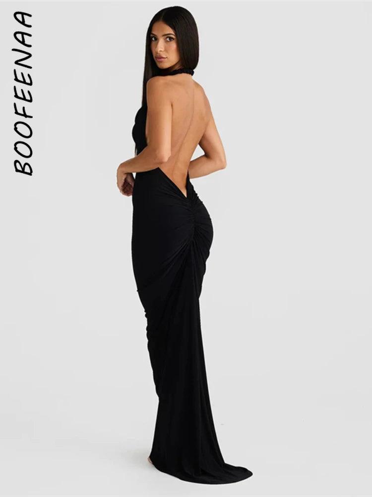 BOOFEENAA Twist Halter Neck Backless Long Dresses for Women Elegant Sexy Party Maxi Dress Purple Black Green Summer 2024 C83CB33-THAT FASHION STORE