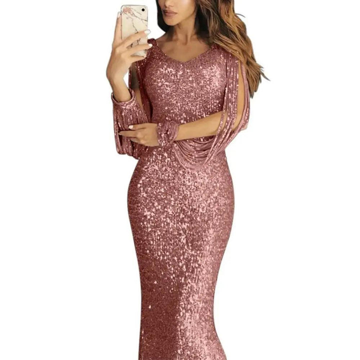 Elegant Ladies Vestidos Plus Size Chic Women Tassel Lantern Sleeve Sequined Tassel Long Sleeve V Neck Bodycon Party Maxi Dress-THAT FASHION STORE