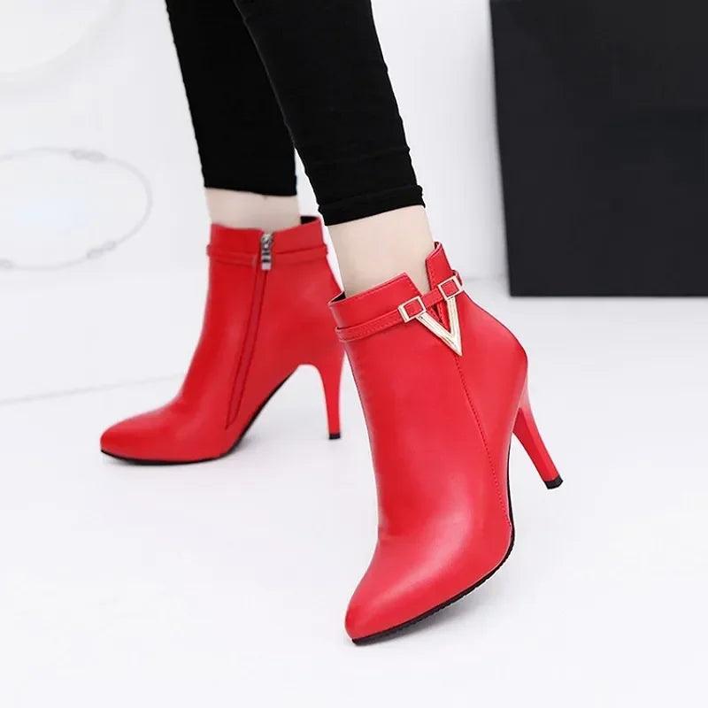 Botas Mujer Invierno Autumn Stiletto Thin High Heels Woman Pointed Toe Pu Leather Zipper Sexy Ankle Women Boot Botines Chelsea8-THAT FASHION STORE