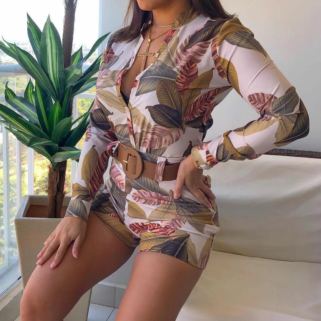 Womens Two Piece Sets Outfit Leaf Print Button Down Shirt & Shorts Set New Fashion 2023 Summer Casua Female Clothing Outfits-THAT FASHION STORE