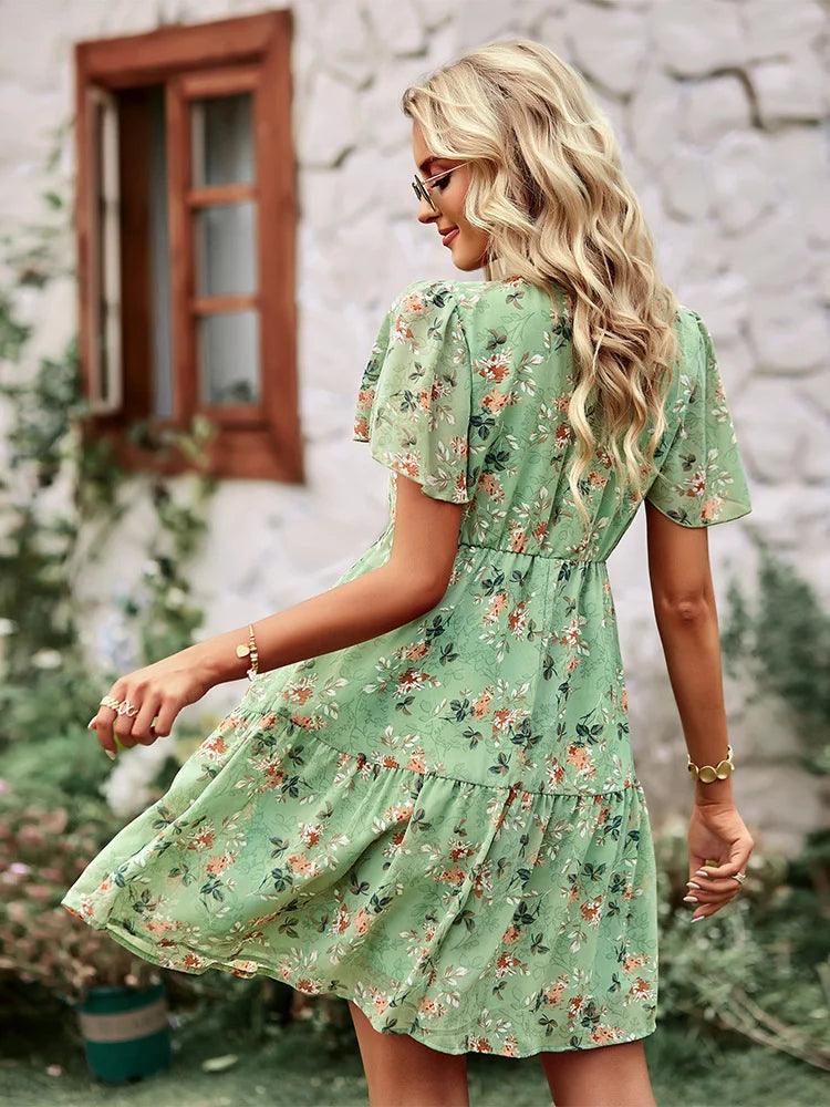 2023 Floral Mini Dress Women Summer V Neck Short Sleeve Loose Chic Printed Dresses Female Elegant Fashion Casual Short Dress-THAT FASHION STORE