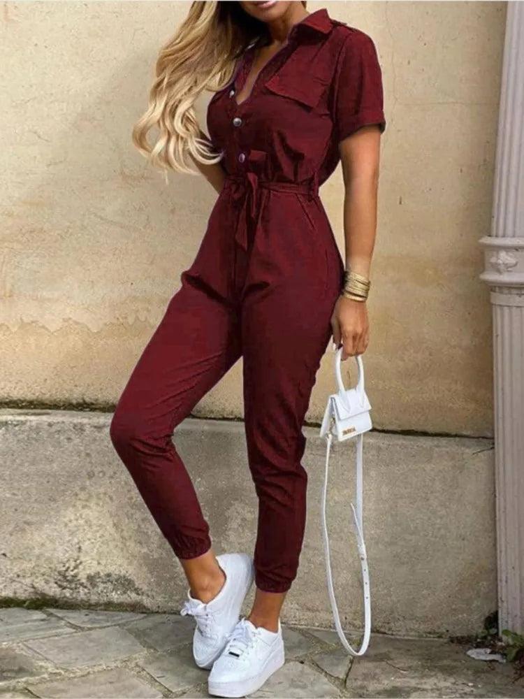 Summer Women's New Fashion Flip Collar Button Print Belt Lace Up Work Dress Casual Capris Jumpsuit Office-THAT FASHION STORE