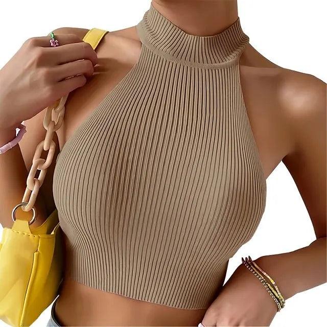 Knit Sleeveless Halter Tops for Women Basics Solid Slim Fitted Crop Womens Turtleneck Ribbed Vest Y2K High Neck Tank Tops-THAT FASHION STORE