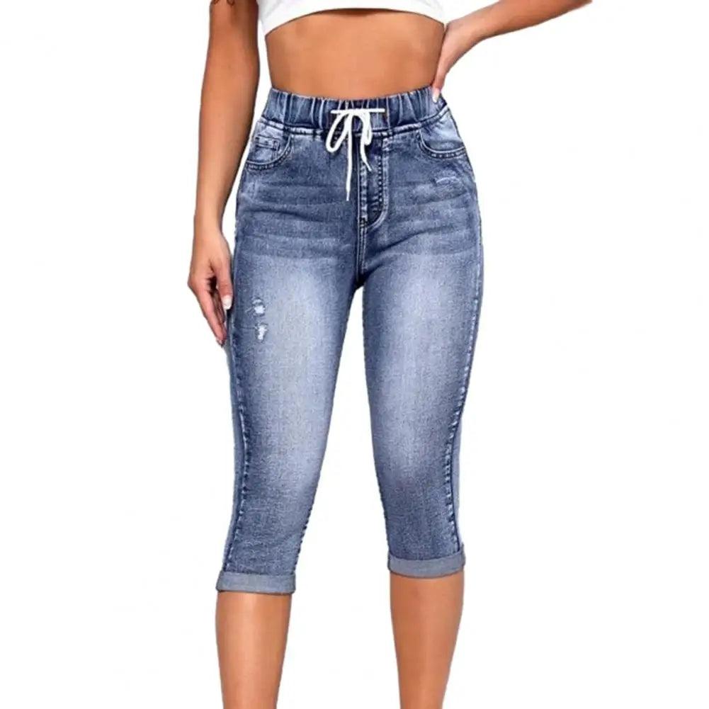 Women Cropped Jeans Elastic High Waist Drawstring Pockets Gradient Slim Fit Butt-lifted Ripped Calf-length Colorfast Men Pants-THAT FASHION STORE