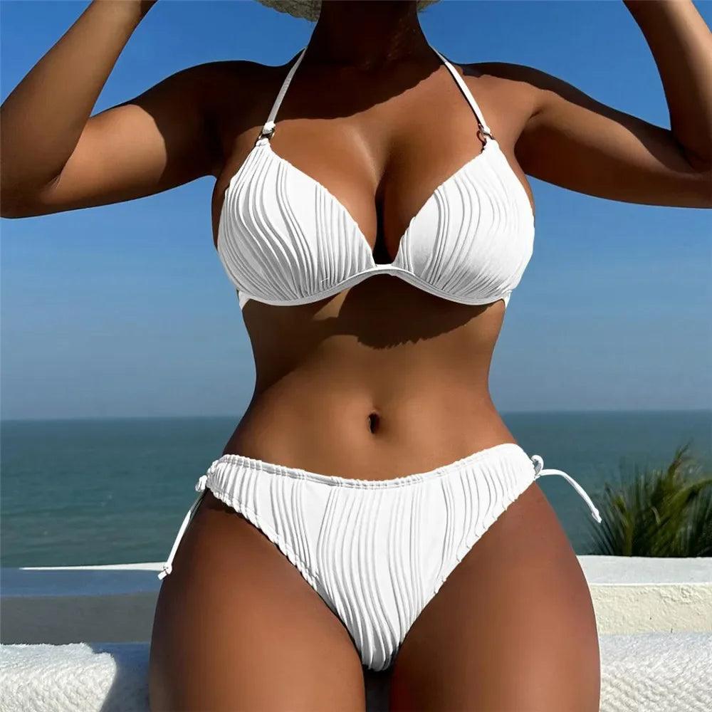 Sexy Push Up Swimwear String Halter Bikinis Set Wrinkled Swimsuit Women 2024 Lace-up Bathing Suit Brazilian Bikini Bather Swim-THAT FASHION STORE