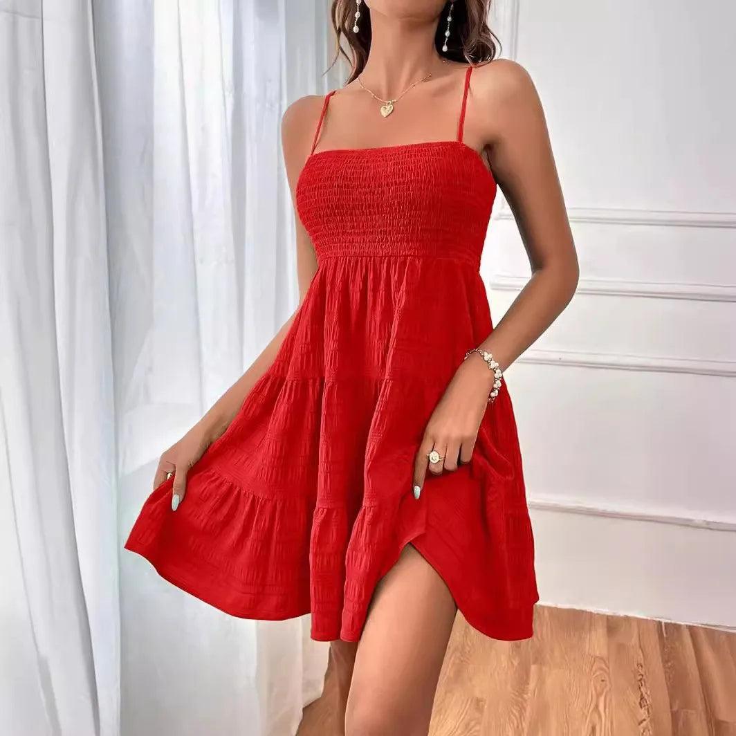 Women's summer new one line neckline thin suspender solid color versatile texture dress-THAT FASHION STORE