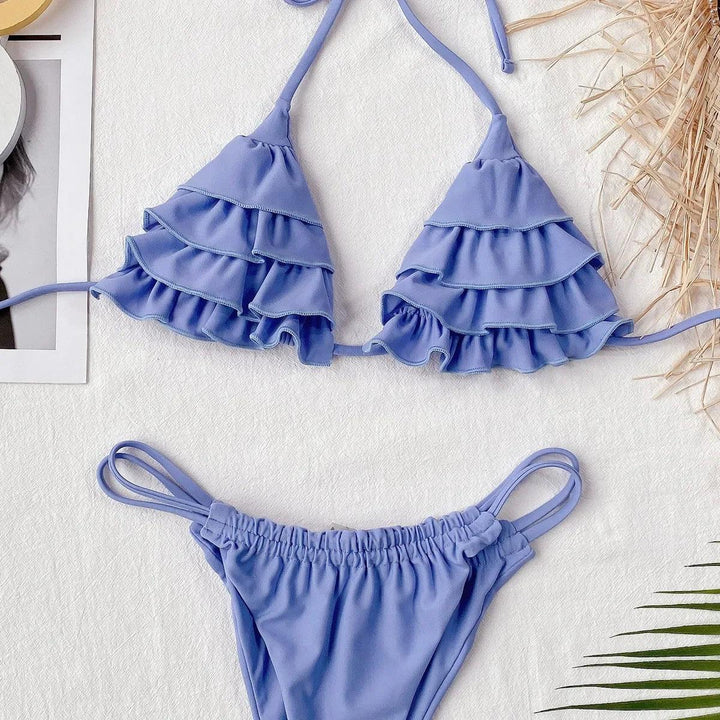 2023 Sexy Bikini Women Solid Swimwear Swimsuit Pleated Ruffle Halter Double Ropes Bikinis Set Bathing Suit Maillot De Bain Femme-THAT FASHION STORE