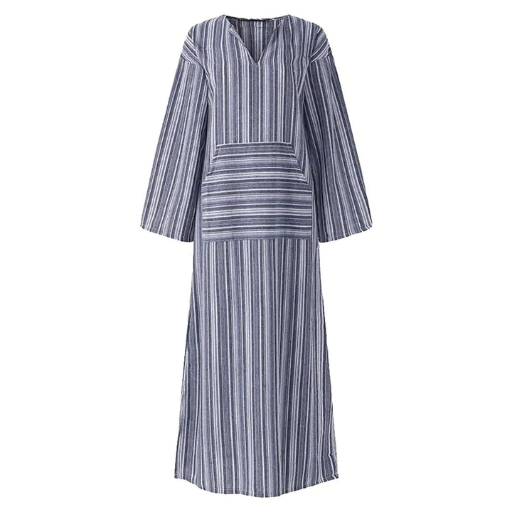 Women'S Summer Dresses Cotton Linen Dresses V Neck Half Sleeve Pocket Yarn Dyed Dress Comfy Striped Loose Long Dress-THAT FASHION STORE