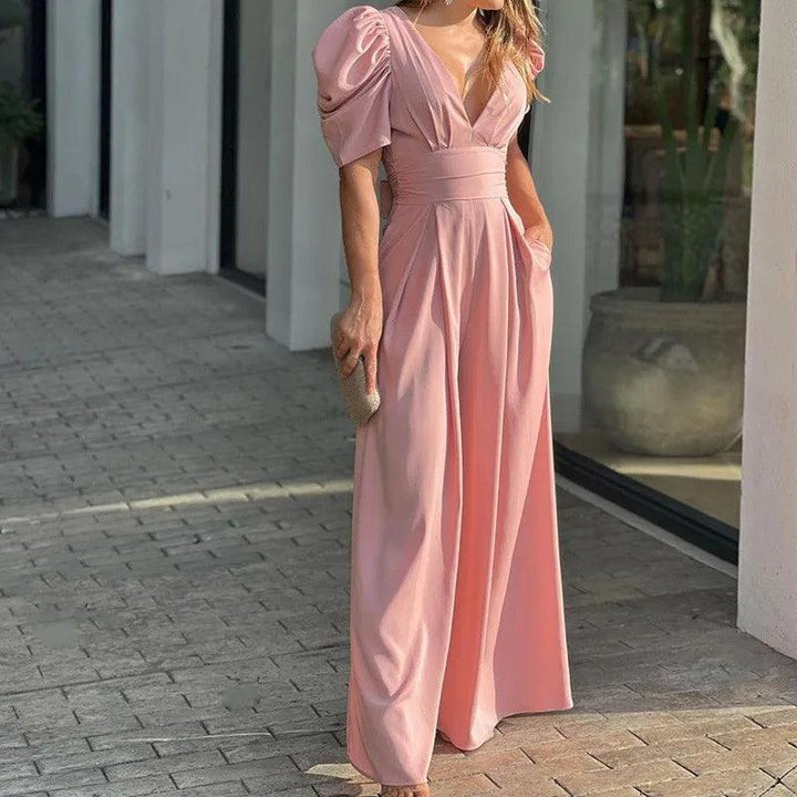 Office Summer Women Solid Short Sleeve V-Neck Black Casual Wide Leg Jumpsuit 2023 Elegant Summer Pants Mujer Tute Roupas Feminin-THAT FASHION STORE