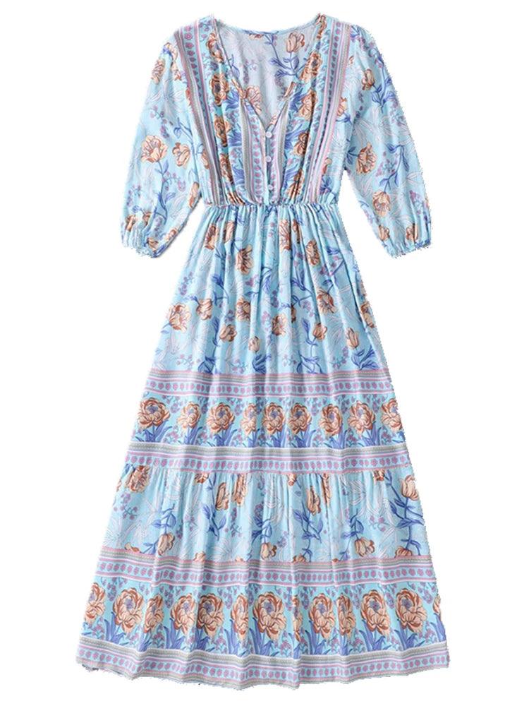 Summer Boho Long Dresses Women Fashion Print V Neck Half Sleeve Cotton Dress Elegant Casual High Waist Beach Dresses Vestidos-THAT FASHION STORE