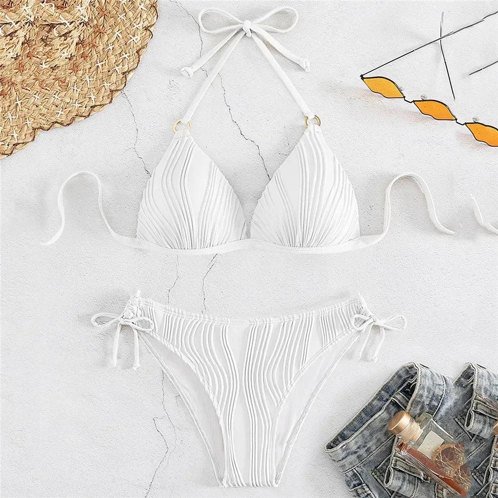 Sexy Push Up Swimwear String Halter Bikinis Set Wrinkled Swimsuit Women 2024 Lace-up Bathing Suit Brazilian Bikini Bather Swim-THAT FASHION STORE