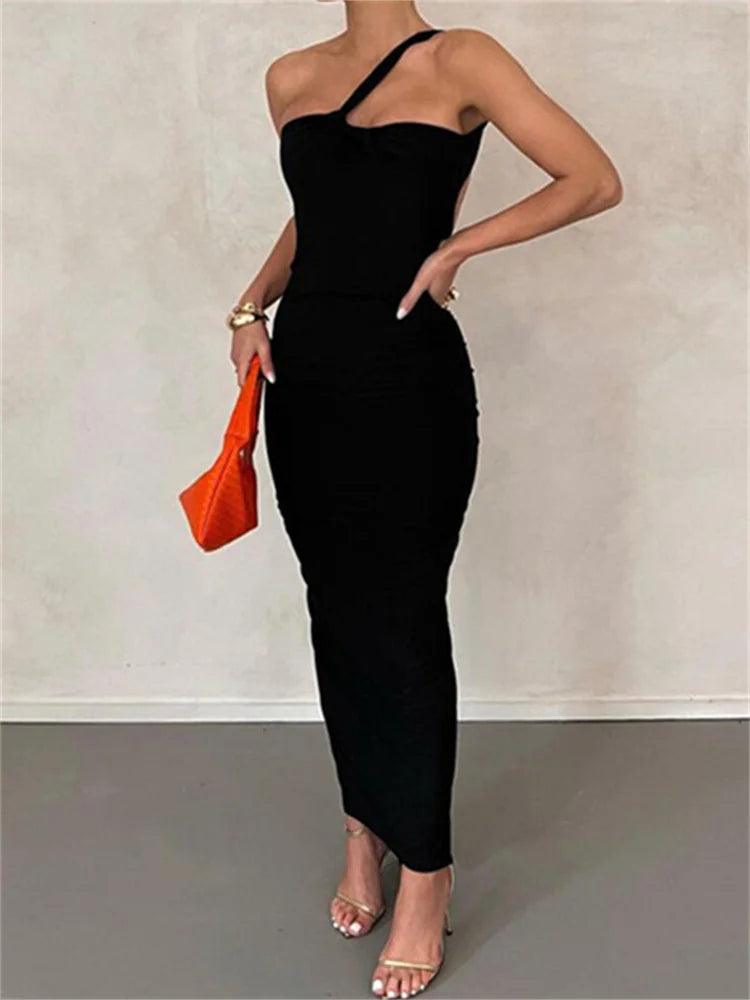 CHRONSTYLE Sexy Backless Ruched Long Dress Women Sleeveless Single Strap Off Shoulder Bodycon Party Club Dresses Female Vestidos-THAT FASHION STORE