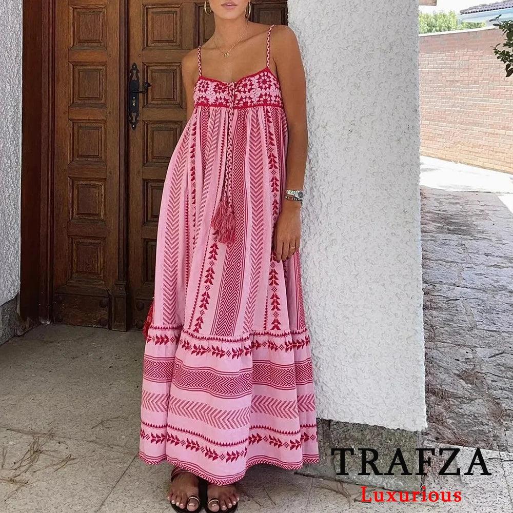 TRAFZA Vintage Embroidery Boho Long Dress Women Bow Tie Ruffles Luxurious Cotton Dress Fashion 2024 Summer Knit Patchwork Dress-THAT FASHION STORE