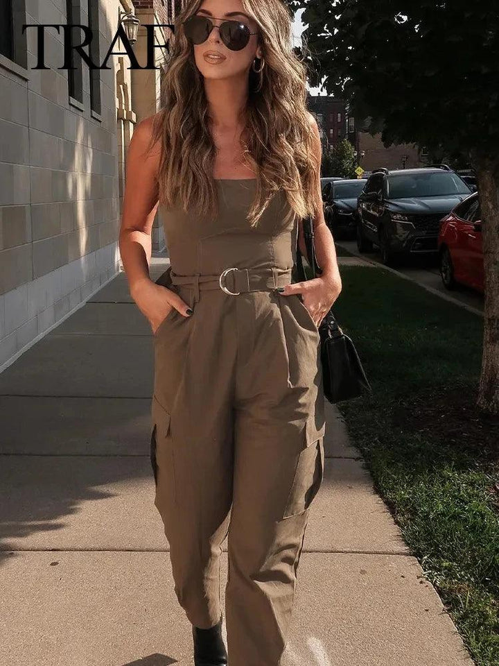 TRAF 2023 New Women Fashion Y2K Jumpsuit Solid Green With Belt Sleeveless Green Cargo Pants Loose Chic Female Clothing Street-THAT FASHION STORE