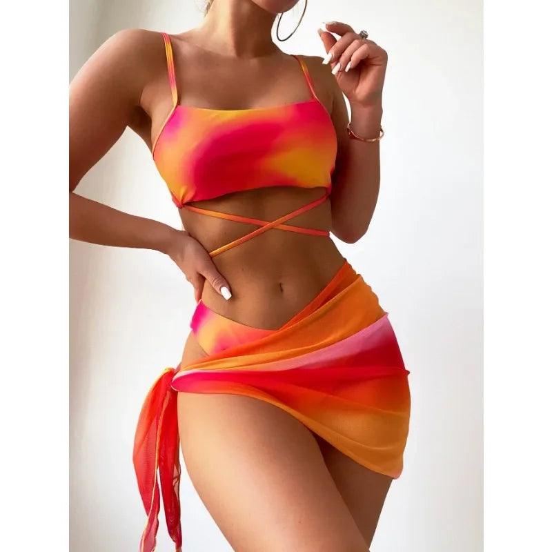 2024 New Women Tie Dyed Split Bikini Sexy Hip Lifting Mesh Gradient Beach Three Piece Set Cross Swimwear Girl-THAT FASHION STORE