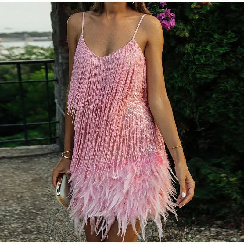 2023 New Sexy Tassel Sequins Feather Mini Dress Women Spaghetti Strap Stitching Dresses Female Elegant Evening Party Club Dress-THAT FASHION STORE