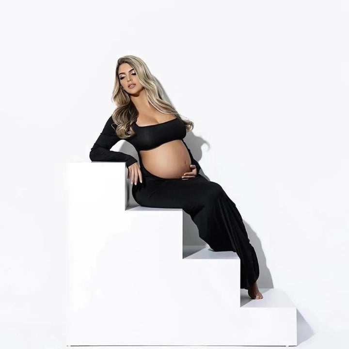 Square Neck Long Sleeve Maternity Photo Shoot Dress Backless Pregnant Woman Photography Outfit Long Dress-THAT FASHION STORE