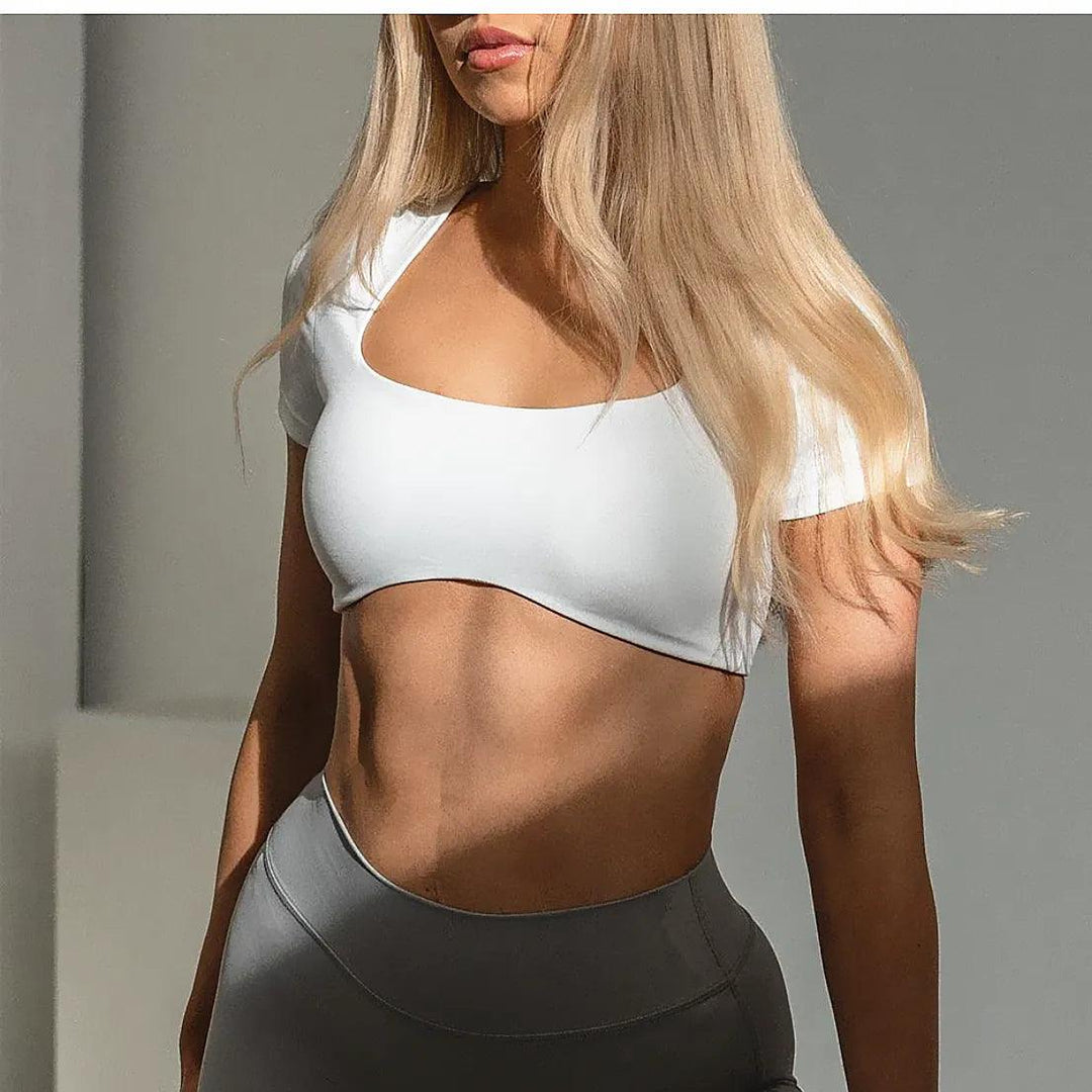 2024 Fitness Bra Short Sleeve Simple Shockproof Sports Curved Hem Yoga Shirt Slim Fit Crop Top Run Gym Shirts Women Active Wear-THAT FASHION STORE