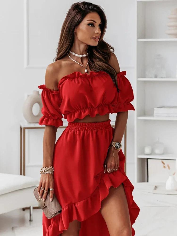 Sexy Off Shoulder Two Piece Set Women Summer Ruffle Backless Outfits Puff Sleeve Strapless Beach Party Skirts 2 Piece Sets Robe-THAT FASHION STORE