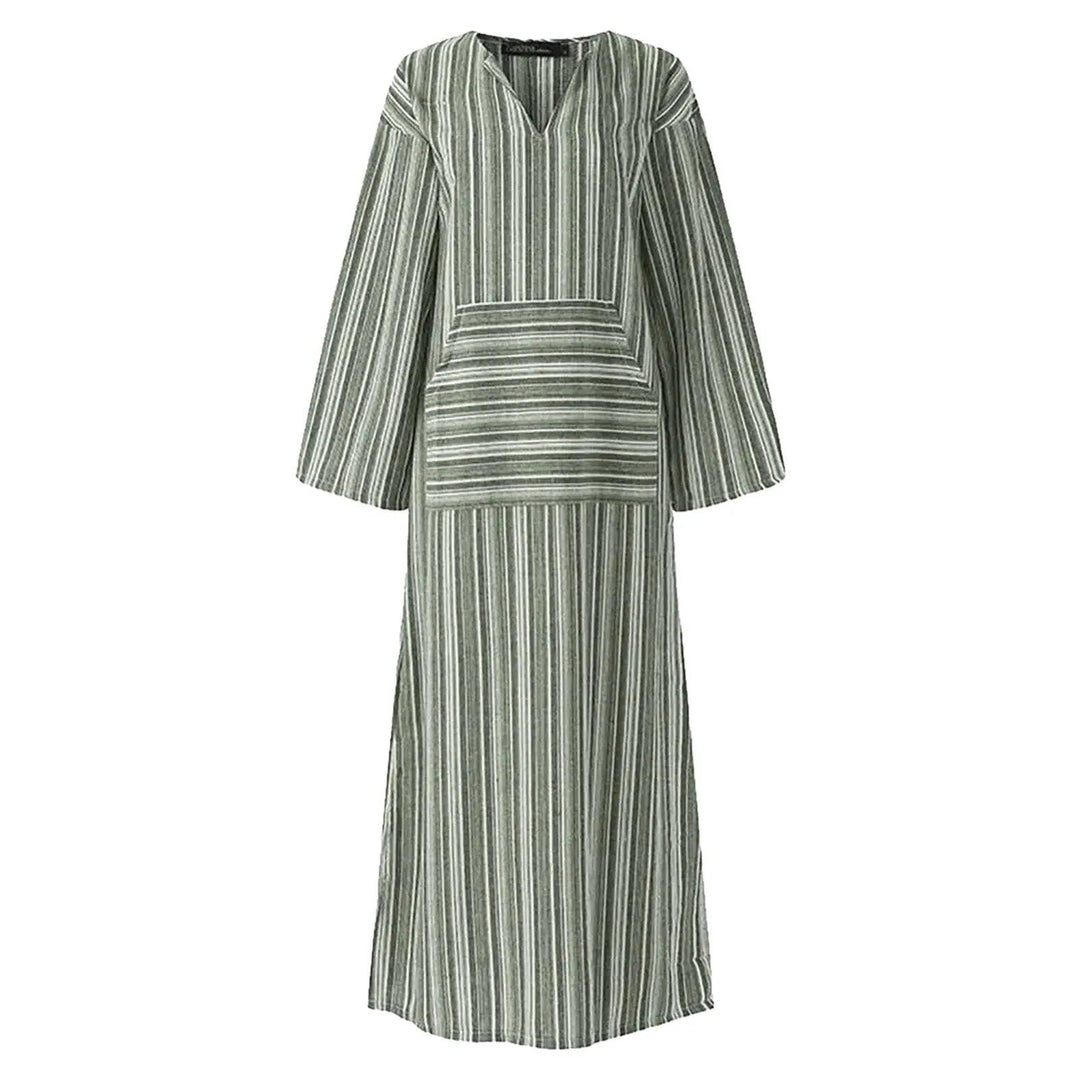 Women'S Summer Dresses Cotton Linen Dresses V Neck Half Sleeve Pocket Yarn Dyed Dress Comfy Striped Loose Long Dress-THAT FASHION STORE