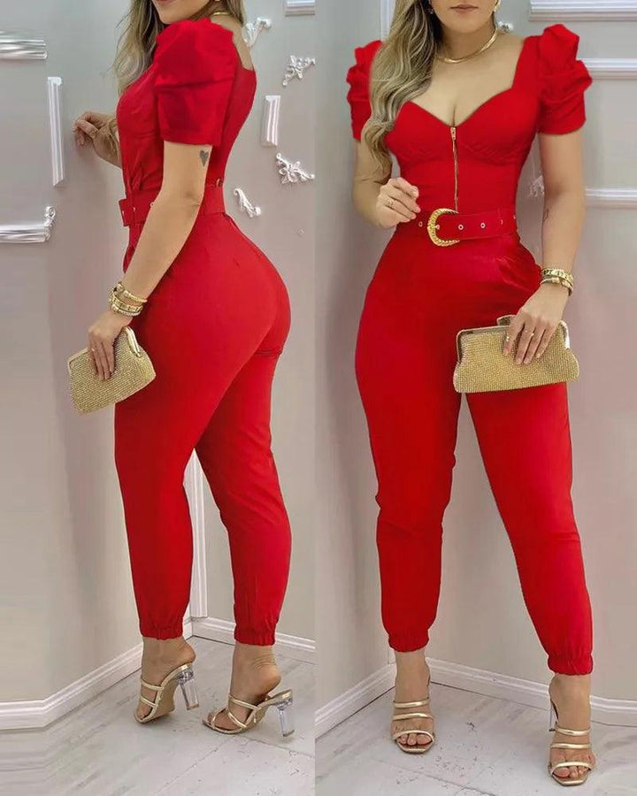 Women's Front Zipper Jumpsuit with Belt Loose Sleeve Casual Fashion Summer-THAT FASHION STORE