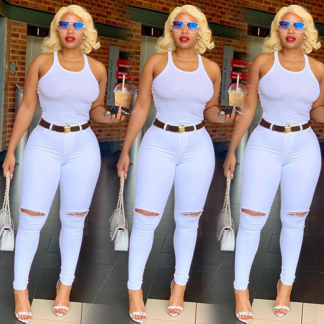 2023 Spring New Women's White High Waist Ripped Jeans Fashion Slim Stretch Denim Pencil Pants Casual Female Clothing S-3XL-THAT FASHION STORE